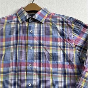 BUGATCHI‎ UOMO Mens Medium Multi-Colored Checked Striped  Cotton Dress Shirt
